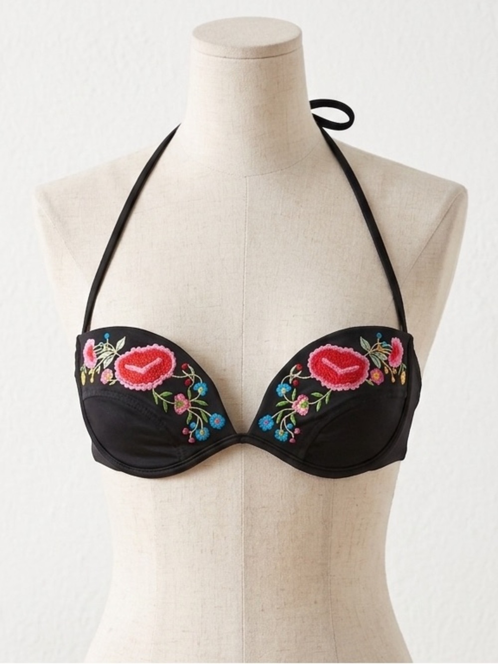 Vintage bikini top with Pink & Blue Floral Embroidery size 8